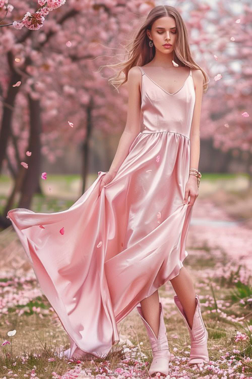 a woman wears a pink maxi dress with pink cowboy boots