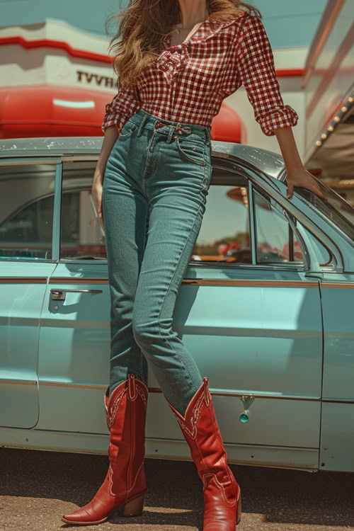 a woman wears a plaid shirt with jeans and red cowboy boots