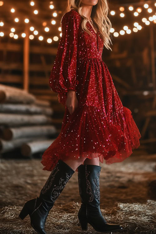 a woman wears a red dress with black sparkly cowboy boots