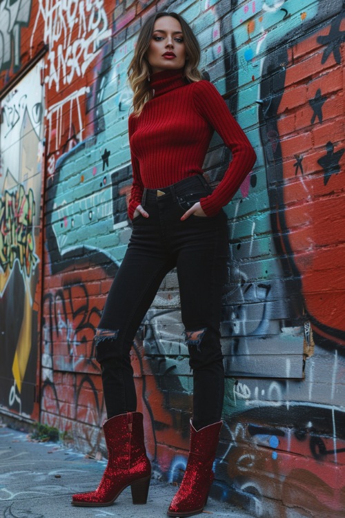 a woman wears a red sweater and ripped jeans with red cowboy boots