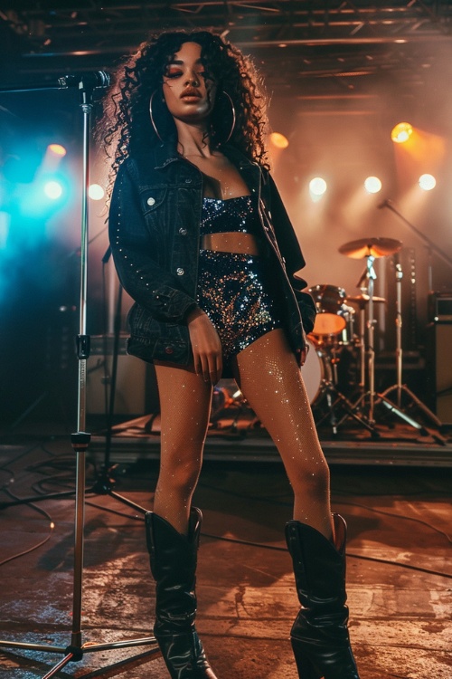 a woman wears a shiny outfit, leather jacket and black cowboy boots