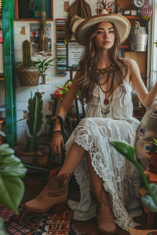 a woman wears a white lace dress with brown ankle cowboy boots