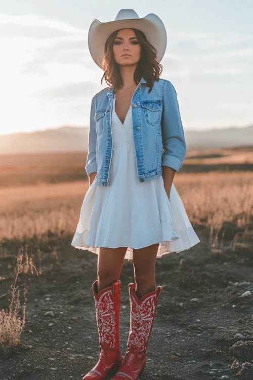 a woman wears a white mini dress, a denim jacket with red cowboy boots