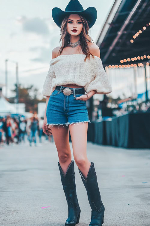 a woman wears an off shoulder sweater, denim shorts and black cowboy boots