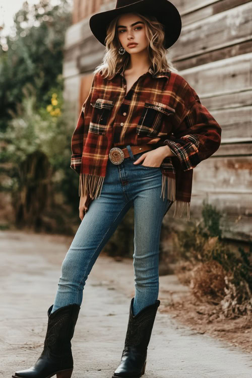 a woman wears black cowboy boots and a brown plaid shirt