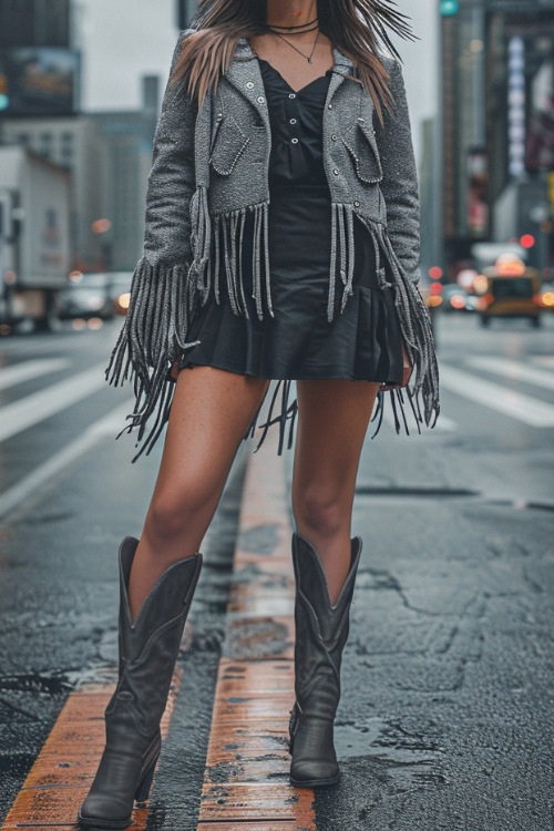 a woman wears black cowboy boots with a grey jacket and a black dress
