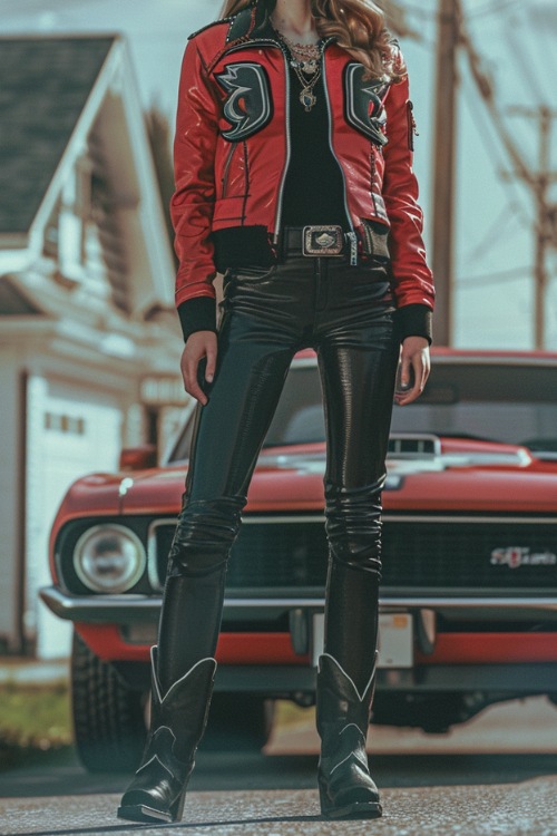 a woman wears black cowboy boots with a sports jacket and leather pants