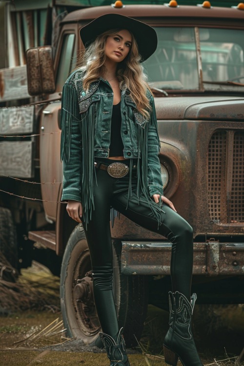a woman wears black cowboy boots with denim jacket, black top and leather pants