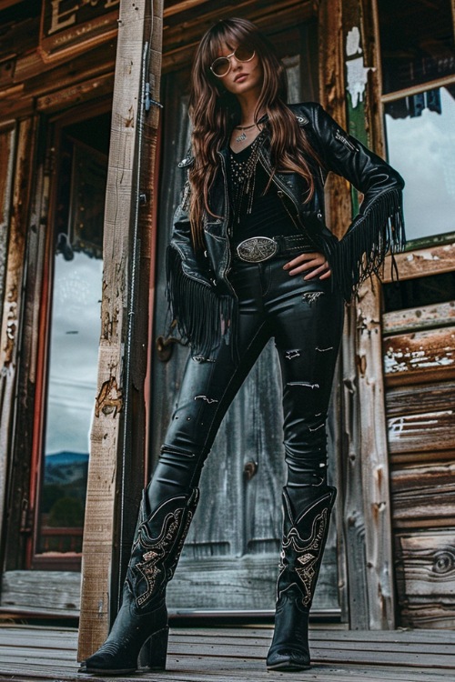 a woman wears black cowboy boots with jeans, a black top and leather jacket