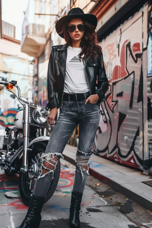 a woman wears black cowboy boots with jeans, white top and leather jacket