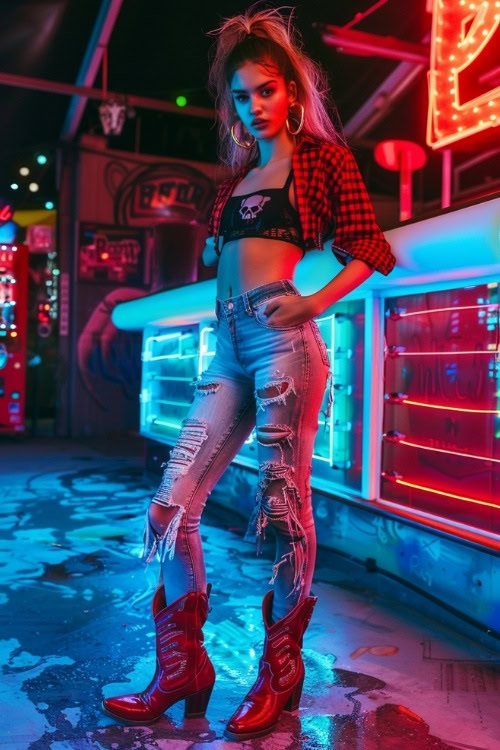 a woman wears black crop top, ripped jeans and red cowboy boots