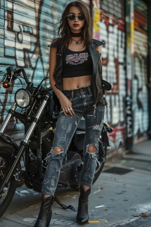 a woman wears black crop top, ripped jeans, leather vest and black cowboy boots