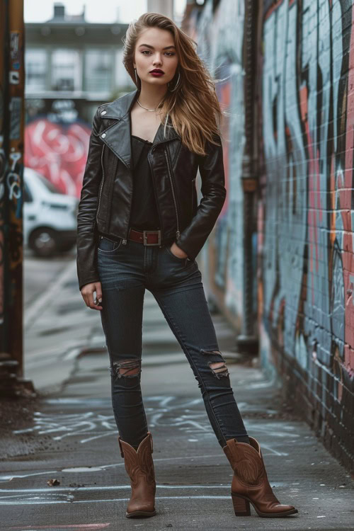 a woman wears black leather jacket, jeans and brown cowboy boots