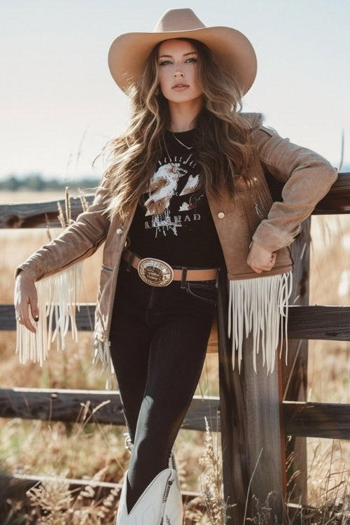 a woman wears black shirt, fringe jacket, jeans and white cowboy boots
