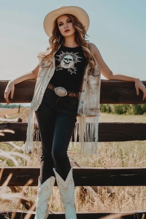 a woman wears black shirt, jeans and white cowboy boots