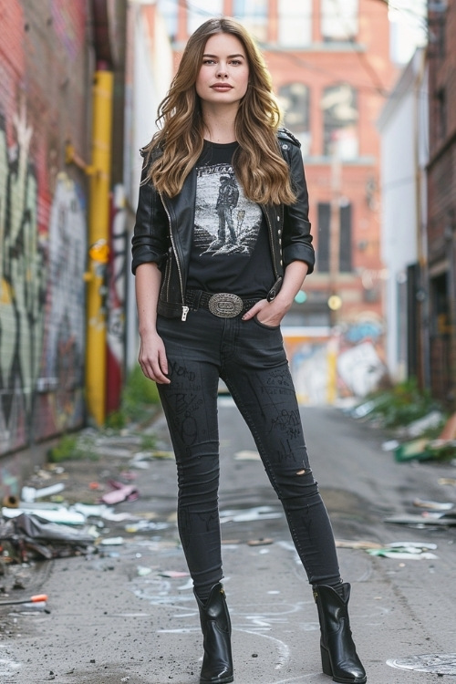 a woman wears black t shirt, jeans and black ankle cowboy boots