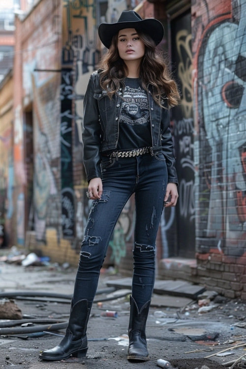 a woman wears black t shirt, jeans and black cowboy boots