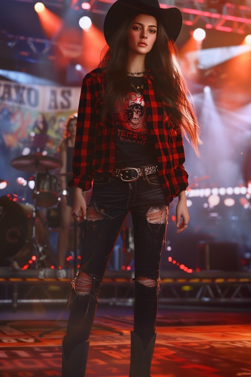 a woman wears black top, a plaid jacket, ripped jeans and brown cowboy boots