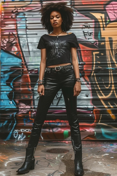 a woman wears black top, leather pants and black cowboy boots