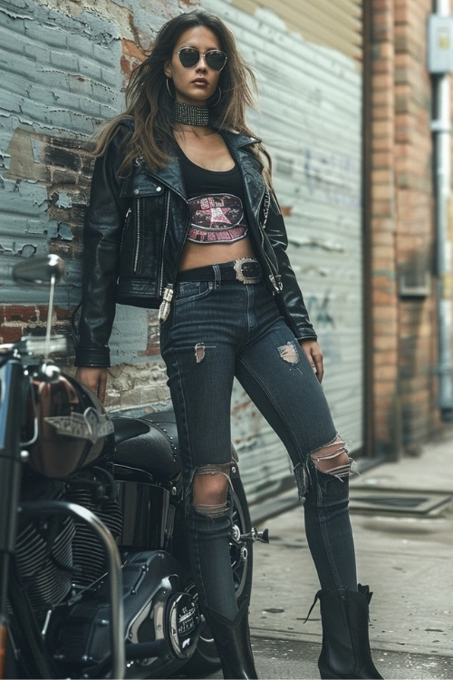 a woman wears black top, ripped jeans and black cowboy boots with leather jacket