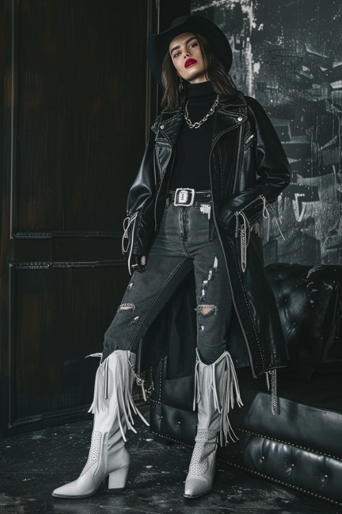 a woman wears black top, ripped jeans and white fringe cowboy boots