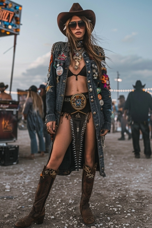 a woman wears black top, shorts, denim jacket and brown cowboy boots