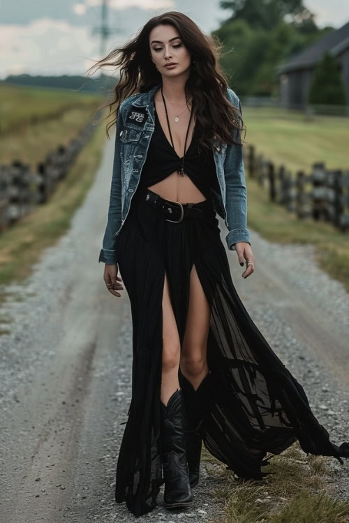 a woman wears black two piece dress and black cowboy boots