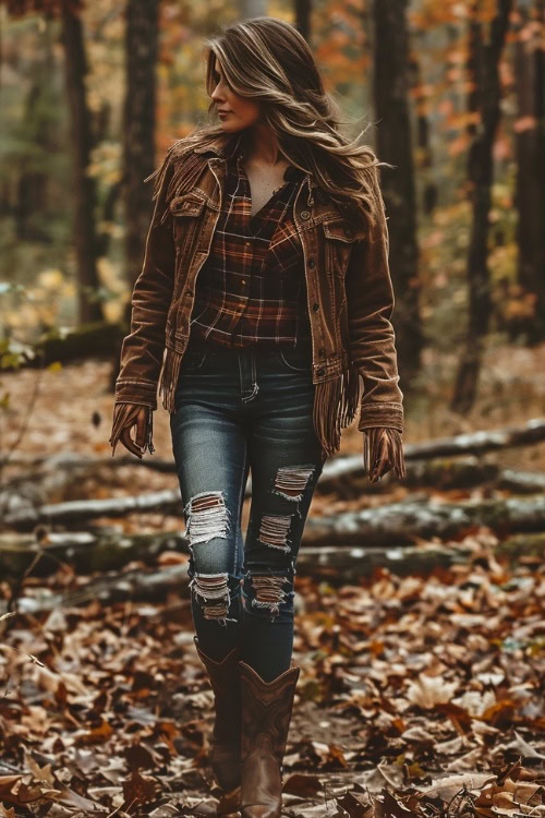 a woman wears brown cowboy boots and ripped jeans, a plaid shirt and a suede jacket