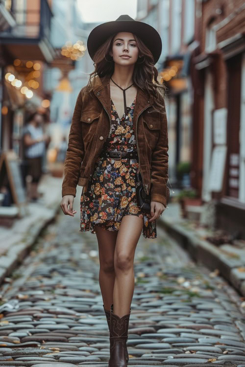a woman wears brown cowboy boots with floral dress and jacket