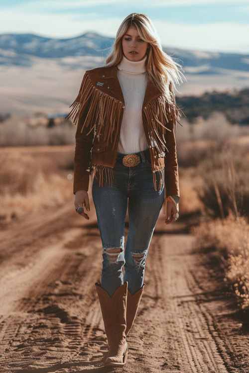 a woman wears brown cowboy boots with fringe jacket, white turtleneck and jeans