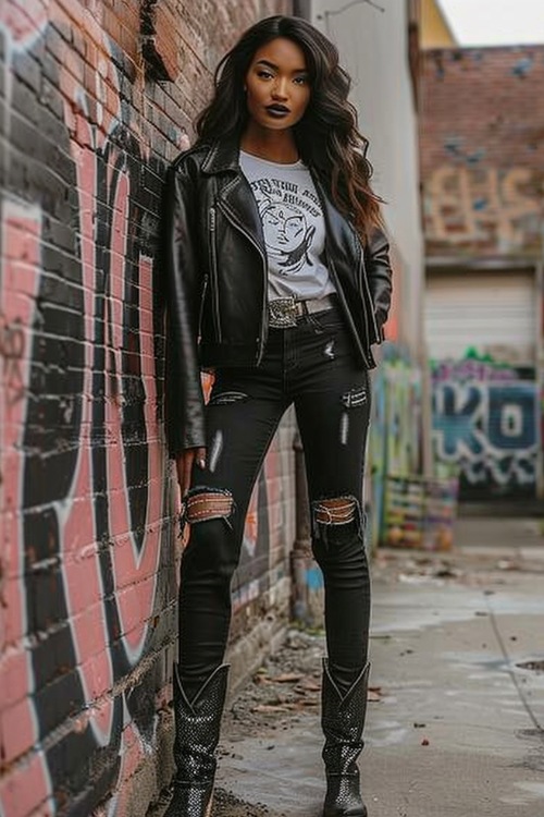 a woman wears cowboy boots, a leather jacket and rripped jeans