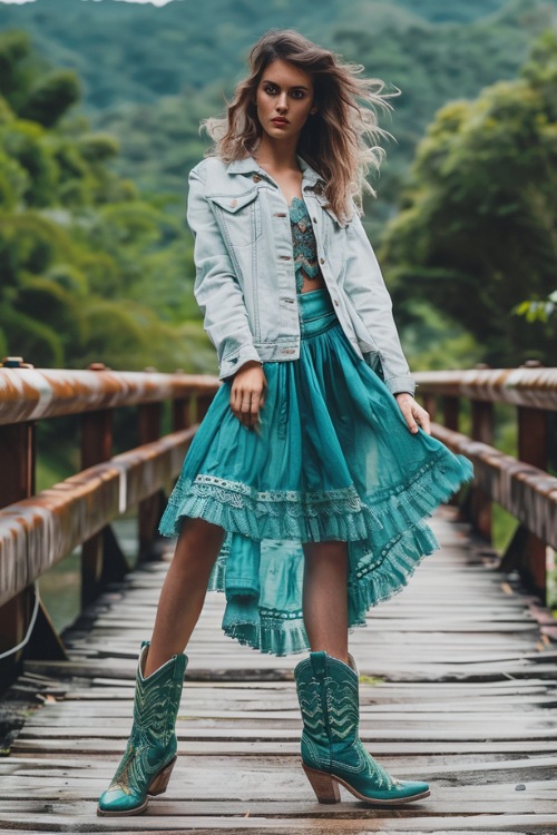 a woman wears cowboy boots with a green dress and a jean jacket