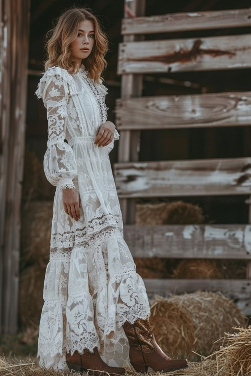 a woman wears cowboy boots with a white lace long dress