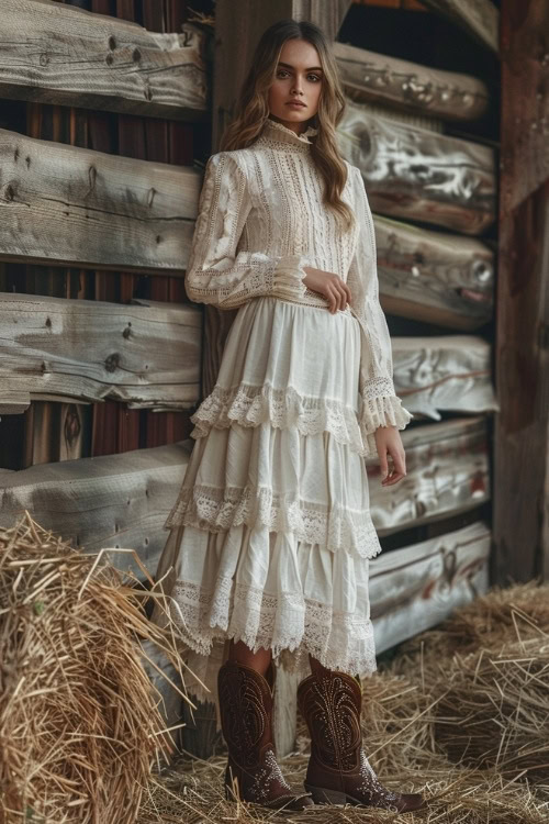 a woman wears cowboy boots with a white layered long dress