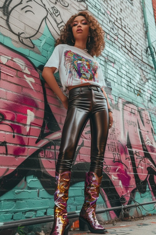 a woman wears cowboy boots with leather pants and a graphic tee