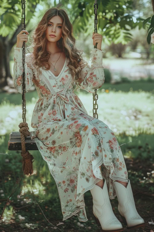 a woman wears floral maxi dress with white ankle cowboy boots