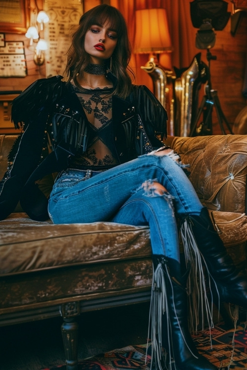 a woman wears fringe jacket, ripped jeans and fringe cowboy boots