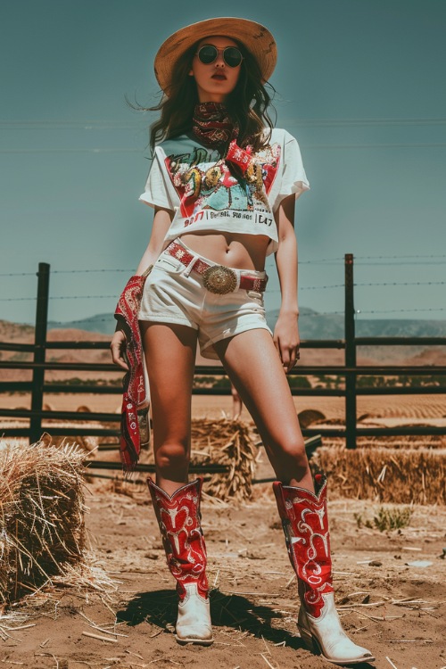 a woman wears graphic tee with shorts and red cowboy boots