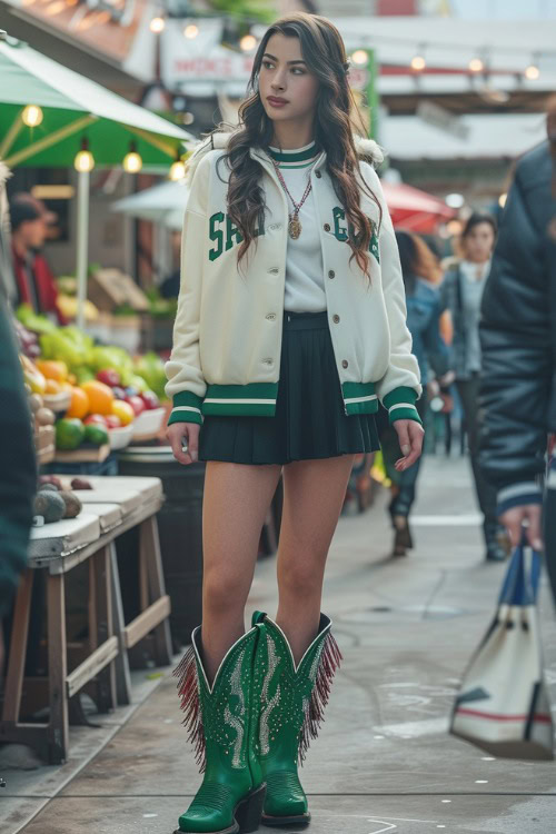 a woman wears green cowboy boots with a bomber jacket and a black skirt