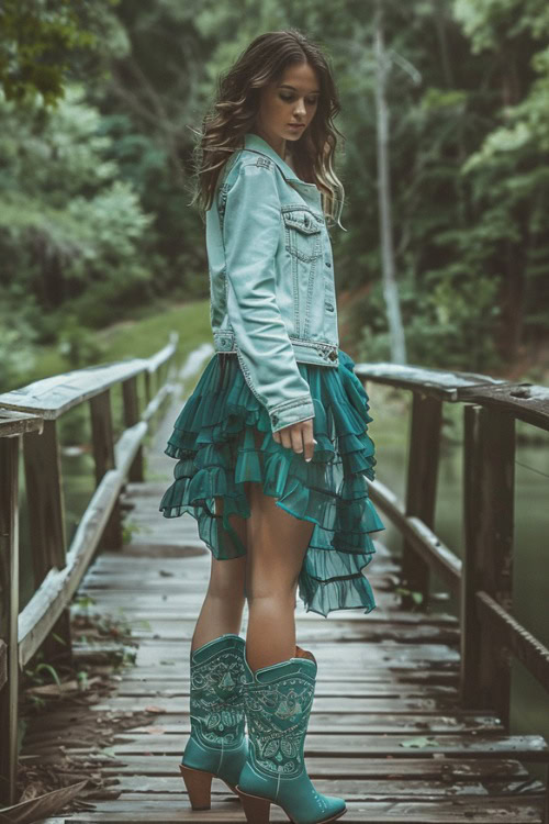 a woman wears green cowboy boots with green dress and jean jacket