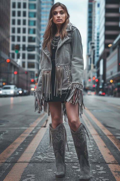 a woman wears grey cowboy boots with black dress and fringe jacket