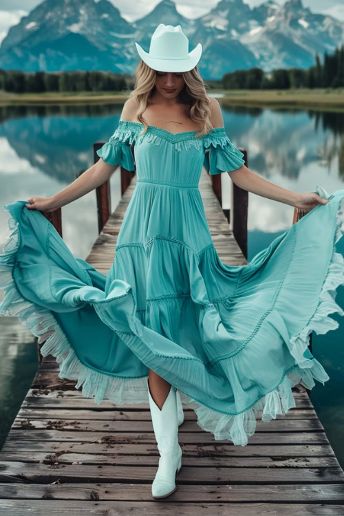 a woman wears off the shoulder blue maxi dress and white cowboy boots