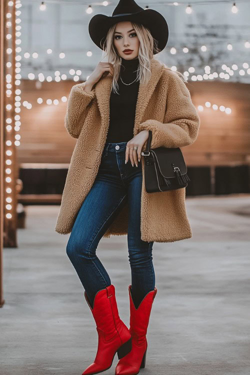 a woman wears red cowboy boots, a black turtleneck and jeans with a brown fur coat