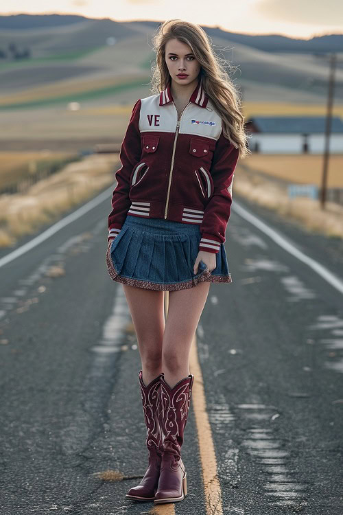 a woman wears red cowboy boots with bomber jacket and denim skirt