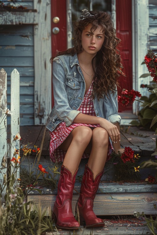 a woman wears red cowboy boots with gingham dress and denim jacket