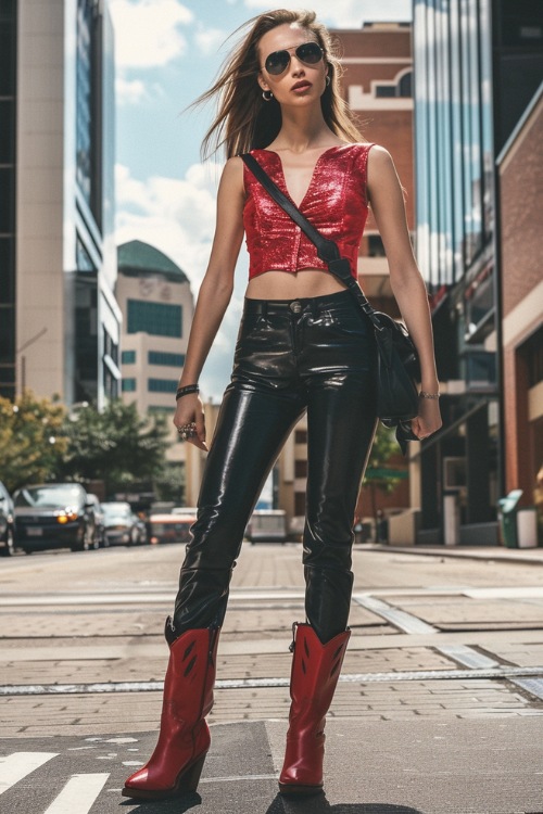 a woman wears red cowboy boots with leather pants and a red top