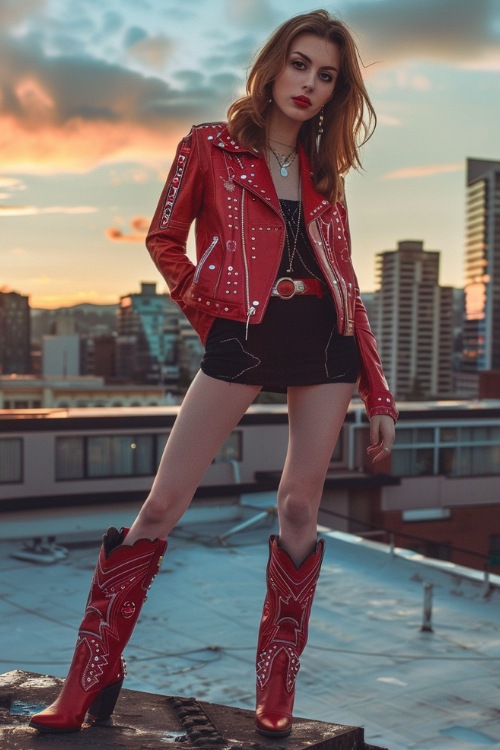 a woman wears red cowboy boots with red jacket
