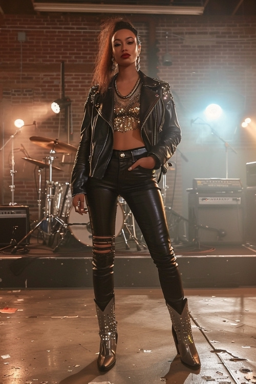 a woman wears sequin top, leather jacket, leather pants and shiny cowboy boots
