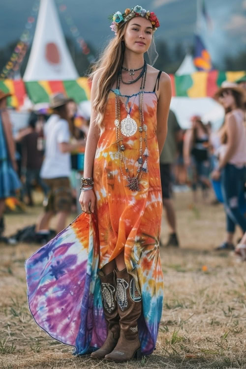 a woman wears silver and brown cowboy boots and long dress