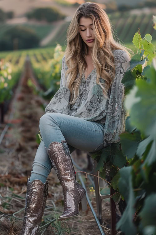 a woman wears silver cowboy boots, a blouse and light wash jeans